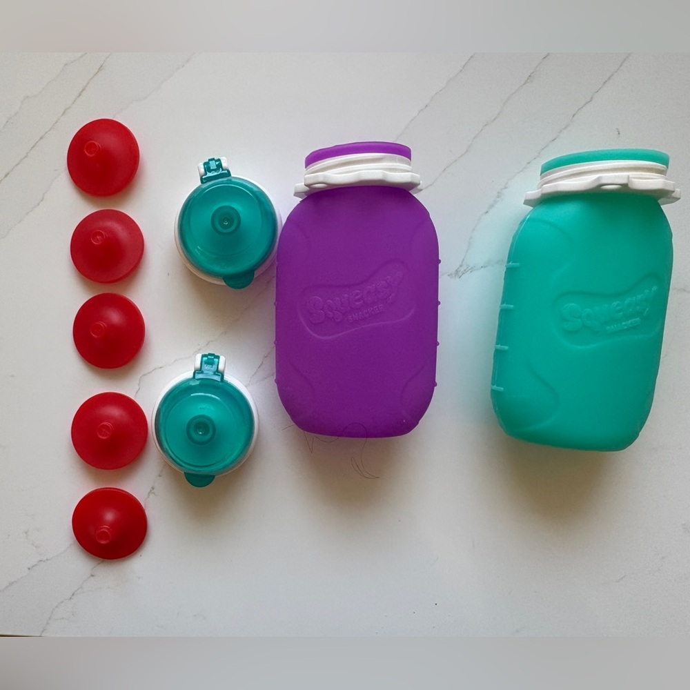 Set of 2 Purple and Teal Squeasy Snacker Bottles with 5 inserts